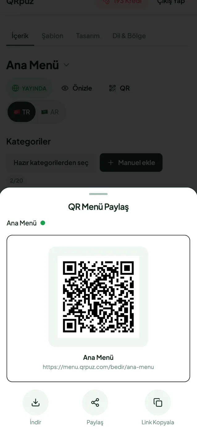 QRpuz'da markalı QR menü paylaşım ekranı