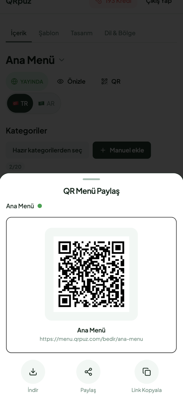 QRpuz'da markalı QR menü paylaşım ekranı — QR kodu indirme, paylaşma ve link kopyalama seçenekleri